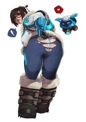 ! 1girls asian asian_female ass bent_over big_ass blush boots brown_eyes brown_hair butt_crack clothed coat dat_ass exclamation exposed_ass exposed_panties female from_behind fully_clothed gauntlets glasses hair_ornament heart looking_at_viewer looking_back mei_(overwatch) monorirogue overwatch panties ripped_clothing simple_background snowball_(overwatch) solo torn_clothes torn_pants