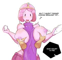 adventure_time big_ass big_breasts blush breasts disembodied_hands english_text hand_on_breast hips holding_breast huge_breasts hyper_breasts lactation midriff mouth_open nipples pink_hair pink_skin princess_bubblegum rumigawa31 shiny_breasts shiny_skin short_hair simple_background solo solo_female squeezing squeezing_breast squirting teeth text tongue white_background wide_hips