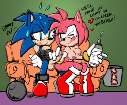 1boy 1girls amy_rose big_penis blue_fur bottle bottomless breasts chained color_edit colored condom_wrapper couch cup edit english_text female femdom garbage_bin green_eyes handjob heart hedgehog male malesub mostly_nude naked nervous nude penis pink_fur shackles sitting_on_lap sitting_on_leg sonic_(series) sonic_the_hedgehog sonic_the_hedgehog_(series) text tied_up tongue_out topless watatanza wink