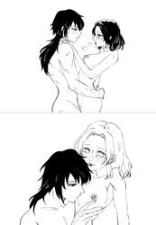 breasts crying demon_slayer female gyushino hair_down kimetsu_no_yaiba kochou_shinobu male monochrome naked tomioka_giyuu