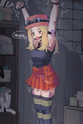 ball_gag blonde_hair blush bondage bound callujy gag gagged pokemon rape restrained rope rope_bondage serena_(pokemon) solo solo_female vibrator vibrator_under_clothes vibrator_under_panties