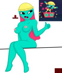 1girls artist_logo artist_name english_text female female female_only funny green_skin happy horryhane humanoid looking_away nipples no_bra no_toes nude red_hair simple_background simple_face sitting smile solo solo_female steam thumbs_up valve