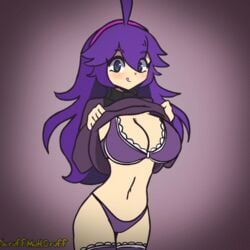 1girls @_@ animated big_breasts black_dress blue_eyes bra breasts dress dress_lift dress_lifted_by_self eyebrows eyebrows_visible_through_hair female flashing goth gradient_background hex_maniac human large_breasts long_hair long_sleeves looking_at_viewer navel nintendo panties pokemon pokemon_xy purple_bra purple_hair purple_panties purple_stockings scruffmuhgruff smile solo solo_female stockings thick_thighs thighhighs thighs three-quarter_view tongue tongue_out