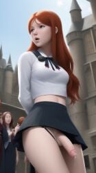 ai_generated casual_exposure dickgirl exhibitionism futanari ginny_weasley harry_potter mostly_clothed penis_under_skirt precum presenting_penis public stable_diffusion