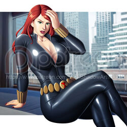 1girls avengers big_breasts black_widow_(marvel) bodysuit cleavage female female_only green_eyes human light-skinned_female light_skin marvel marvel_comics mature_female natasha_romanoff red_hair solo solo_female solo_focus thedarkness thick_thighs tight_clothing unzipped_bodysuit