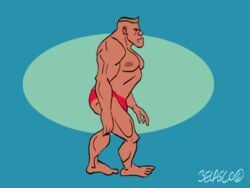 1boy animated belascocomix big_butt blonde_hair bulge guy_walking male male_only muscular_male nearly_nude pecs shaved_side speedo_only tanned_male thick_thighs well_hung