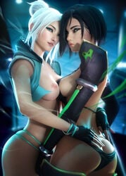 2girls 3d black_hair blue_eyes breasts clothed clothed_female female fingerless_gloves gloves green_eyes inviting jett_(valorant) light-skinned_female light_skin nipples panties ponytail riot_games sevenbees short_hair smile smiling_at_viewer valorant viper_(valorant) white_hair yuri