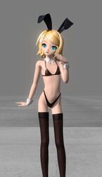 3d animal_ears bikini blonde_hair blue_eyes breasts bunny-suit bunny_ears female fishbones fishnet_stockings flat_chest kagamine_rin project_diva_(series) small_breasts swimsuit vocaloid