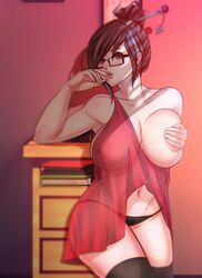 1girls akiratoshine black_panties exposed_breasts eyewear female glasses hand_on_breast mei_(overwatch) nightgown overwatch panties solo solo_female thighhighs