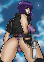 1girls ass clothed cropped_jacket cyborg dat_ass female female_only firearm from_behind ghost_in_the_shell ghost_in_the_shell_sac_2045 gun handgun handwear human jacket kusanagi_motoko legwear leotard lips looking_back nixminor outerwear pale_skin purple_eyes purple_hair revolver sideboob skin_tight sky solo uncensored weapon