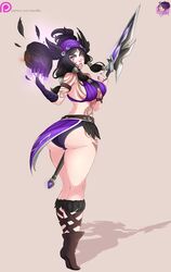 1girls ass boots butt_focus female huge_ass huge_breasts large_ass large_breasts law-zilla purple_hair seductive sexually_suggestive smite the_morrigan_(smite)