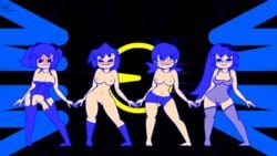 4girls animated ass_visible_through_thighs blinky blinky_(pac-man) blue_hair blush clothed clyde clyde_(pac-man) dancing embarrassed embarrassed_dancing garter_belt inky inky_(pac-man) lingerie loop minus8 multiple_girls pac-man pac-man_(series) pac-man_ghost_dance_(minus8) pinky pinky_(pac-man) rule_63 see-through shorts socks thighhighs underwear