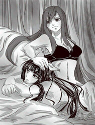 2girls ass bed bed_sheet bedroom bow bra erza_scarlet fairy_tail female/female hand_on_head kagura_mikazuchi laying_down laying_on_bed multiple_girls oppai passionate petting sheets yuri