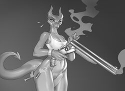 2020 anthro bottomless breasts clothed clothing double-barreled_shotgun female firearm genitals glistening glistening_body gun hi_res horn monochrome navel pussy ranged_weapon reloading scalie shirt shotgun smoke solo swameliz tank_top topwear weapon