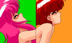 2girls 90s animated armpits blush brown_hair closed_eyes competition female female_only game_cg green_background kazuyo_(viper) long_hair lowres moaning multiple_girls mutsumi_(viper) mutual_orgasm nude offscreen_sex orange_background orgasm pink_hair short_hair simple_background sogna sweat sweatdrop teeth viper_(series) viper_v6 yuri