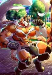 abs anthro biceps boots bulge cape clothing daikitei felid feline footwear gloves handwear hi_res live-a-hero male male_only mammal mask muscular muscular_anthro muscular_male nipples pantherine pecs ryekie_(live_a_hero) solo superhero teeth tight_clothing