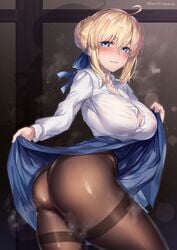 1girls artoria_pendragon big_breasts blonde_hair braided_hair fate/grand_order fate/stay_night fate_(series) female female_only hirasawa_seiji long_hair nipples nipples_visible_through_clothing pantyhose saber skirt skirt_lift solo solo_female solo_focus