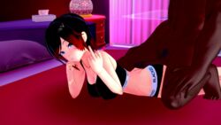 1boy 1girls 3d ass assjob big_ass big_penis blacked blacked_clothing breasts buttjob clothed_female_nude_male dark-skinned_male dark_skin day_and_night_(artist) english_text female interracial koikatsu large_breasts looking_at_viewer male middle_finger penis penis_on_ass rubbing ruby_rose rwby smiling smiling_at_viewer text
