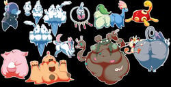 14girls 1boy 6+girls anthro areolae ass big_ass big_breasts black_background chikorita chubby garbodor meowth nintendo nipples oddrich pokémon_(species) pokemon pokemon_(species) pokemon_bw pokemon_dppt pokemon_gsc pokemon_rgby sylveon thick_ass thick_thighs vanillish vanillite vanilluxe voluptuous wide_hips