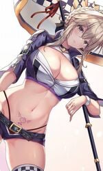 5:3_aspect_ratio ahoge artoria_pendragon artoria_pendragon_(lancer_alter) banner belt belt_buckle blonde_hair braid breasts buckle cake_rabbits cenangam choker cleavage crop_top crown dutch_angle fate/grand_order fate_(series) female female french_braid gradient gradient_background green_eyes high_resolution highleg highleg_panties large_breasts navel pantsu pubic_tattoo race_queen short_shorts shorts shrug_(clothing) solo tattoo tied_hair underwear yellow_eyes