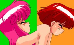 2girls 90s animated armpits blush brown_hair closed_eyes competition female female_only game_cg green_background kazuyo_(viper) long_hair lowres moaning multiple_girls mutsumi_(viper) nude offscreen_sex orange_background pink_hair short_hair simple_background sogna sweat teeth viper_(series) viper_v6 yuri