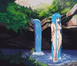 1girls akairiot big_breasts breasts casual female female_only grotto humanoid kelda kelda_(akairiot) mob_face navel nude nudist original original_character outside pale_skin solo solo_female standing tagme tiptoes water water_hair waterfall