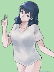 1girls bare_thighs big_breasts blue_eyes byleth_(fire_emblem) byleth_(fire_emblem)_(female) female female_protagonist fire_emblem fire_emblem:_three_houses huge_breasts large_breasts looking_at_viewer nintendo peace_sign solo solo_female t-shirt teal_hair the_kingduke thick_thighs thighs tommietomm