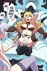 2girls ahe_gao blonde_hair blush cellphone cum cum_in_pussy cum_inside english_text heart heart-shaped_pupils lingerie long_hair looking_pleasured masturbation multiple_girls ponytail prosthetic prosthetic_arm robotic_arm rwby summoning text tongue_out twobey voyeur weiss_schnee white_hair yang_xiao_long