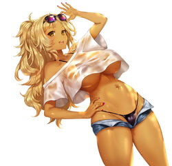 1girls absurdres apt big_breasts bikini blonde_hair breasts collarbone eyewear_on_head female_only groin gyaru high_ponytail highres kuro_gyaru large_breasts light_brown_eyes long_hair looking_at_viewer mole mole_on_breast nail_polish navel navel_piercing open_mouth original piercing see-through shiny shiny_skin smile solo sweat sweatdrop swimsuit tan underboob very_long_hair