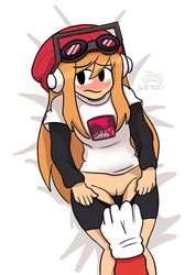 beanie bed embarrassed freckles goggles_on_head headphones human_meggy mario mario_(series) meggy_spletzer orange_hair pulling_down_pants pussy red_beanie sex smg4 sweat thebombbeanie