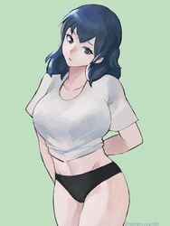 1girls bare_thighs big_breasts black_panties blue_eyes byleth_(fire_emblem) byleth_(fire_emblem)_(female) female fire_emblem fire_emblem:_three_houses huge_breasts large_breasts looking_at_viewer midriff nintendo panties raised_eyebrow raised_eyebrows solo solo_female t-shirt teal_hair the_kingduke thick_thighs thighs tommietomm