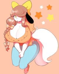 anthro arms_under_breasts blue_jeans blush bob_cut braided_hair brown_hair canid_humanoid canine canine_humanoid canis dog_ear dog_ears dog_humanoid fluffy_tail hairbow holly_applebee huge_breasts jeans large_ass large_breasts large_female long_hair orange_shoes orange_sweater star theycallhimcake white_fur wide_hips