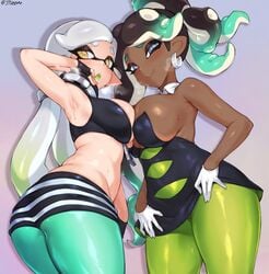 2020 2girls alternate_breast_size alternate_costume alternate_hairstyle armpits ass big_ass big_breasts breasts chocolate_and_vanilla cleavage cosplay costume_switch dark-skinned_female dark_skin female female_only hair_down hourglass_figure inkling jtveemo large_breasts lesbian looking_at_viewer looking_back marie_(splatoon) marina_(splatoon) mouth mouth_open nintendo octoling outfit_swap sharp_teeth smile splatoon splatoon_2 squid_sisters teeth visible_breath yuri