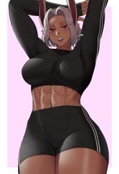 1girls abs alternate_version_available athletic_female big_breasts bunny_ears bunny_girl dark-skinned_female dark_skin female fully_clothed gud0c looking_at_viewer miruko muscular muscular_female my_hero_academia open_mouth red_eyes rumi_usagiyama short_hair solo tagme thick_female thick_thighs white_hair