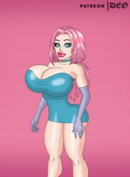 1girls big_breasts big_lips bimbo blue_dress blue_eyes bubble_butt busty choker curvy deoarts elbow_gloves eyeshadow female female_only hourglass_figure huge_breasts large_breasts looking_at_viewer makeup pink_hair simple_background solo solo_female wide_hips