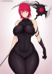 1girls areolae big_breasts bodysuit breasts female female_only holding_weapon intimidating kainkout large_breasts looking_at_viewer nipples red_eyes red_hair scythe skin_tight_suit solo thick_thighs wide_hips