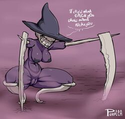 amputee big_hat covered_nipples evil_grin female hat horror medium_breasts milf monster_girl naked nightmare nipple_tape no_hands nude plump_vulva puffy_pussy purple_skin pussy quadruple_amputee scarecrow scary scythe sharp_teeth solo squatting vulva witch_hat yelftea