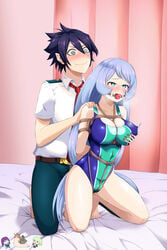 1boy 1girls amajiki_tamaki ball_gag black_hair blue_hair blush bondage bound breast_grab breasts consensual_bondage female femsub gag groping groping_from_behind hadou_nejire happy_sub heavy_breathing long_hair male maledom my_hero_academia nejire_hado nero-kun rope rope_bondage rope_harness swimsuit tamaki_amajiki u.a._school_uniform willing_sub