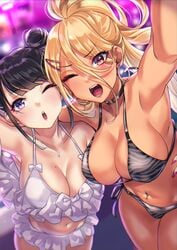 2girls absurdres amaryllis amaryllis_gumi arm_around_shoulder bikini black_hair blonde_hair breasts choker cleavage double_bun earrings eyebrows_visible_through_hair focused frilled_bikini frills gyaru hair_between_eyes hair_ornament hairclip high_ponytail highres hoop_earrings jewelry kinjyou_(shashaki) kogal large_breasts light_particles long_hair looking_at_viewer mole mole_on_breast mole_under_eye multiple_girls navel navel_piercing necklace one_eye_closed open_mouth original original_character ouga_saki piercing self_shot shashaki side-tie_bikini striped striped_bikini swimsuit virtual_youtuber