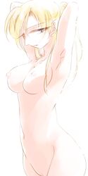 annie_leonhardt armpits arms_up attack_on_titan blonde_hair blue_eyes erect_nipples eyelashes female imotaco_nankin large_breasts long_hair looking_away open_mouth ponytail shaved_pussy solo white_background