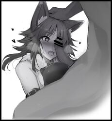 1boy animal_ears arm_strap bangs bare_shoulders blush breasts censored collar erection female fur_trim greyscale heart large_breasts makoto_(princess_connect!) medium_hair metal_collar mobu monochrome open_mouth paizuri penis petting princess_connect! princess_connect!_re:dive sidelocks simple_background straight white_background wolf_ears wolf_girl