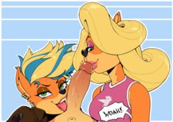 1boy 2girls anthro bandicoot big_cock blonde_hair blue_hair blue_highlights clothed collaborative_fellatio counterpart crash_bandicoot crash_bandicoot_(series) crash_bandicoot_4:_it's_about_time double_blowjob earrings english_text erection exclamation_point eyeshadow fellatio green_eyes hair_over_one_eye hearts hearts_around_penis kissing_penis licking licking_penis long_blonde_hair long_hair looking_at_viewer mff_threesome multicolored_hair multiple_girls naughty_dog penis pink_eyeshadow pov ricksteubens short_blonde_hair short_hair speech_bubble spoken_exclamation_point tawna_bandicoot tawna_bandicoot_(crash_4) teamwork text threesome tongue tongue_out two_tone_hair veiny_penis