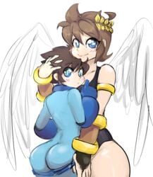 2boys androgynous arm_rings ass ass_focus blue_eyes brown_hair butt_focus clothed femboy gay hands_on_hair hands_on_head heart-shaped_pupils hug huge_ass kid_icarus looking_at_viewer male male_only mega_man mega_man(classic) mega_man_(character) pit_(kid_icarus) pulling_down_pants robot thick_thighs tight_clothing white_background wings yaoi ylwkirby