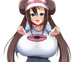 2019 absurd_res blue_eyes bow bra_strap breasts brown_hair clothed clothing double_bun eyebrows_visible_through_hair hair_between_eyes hat highres huge_breasts human human_only long_hair long_twintails looking_at_viewer mameneko nintendo open_mouth pokemon pokemon_bw pokemon_bw2 ribbon rosa_(pokemon) simple_background smile tongue twintails very_long_hair visor_cap w_arms white_background