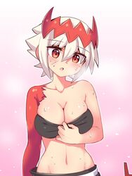 1girls adjusting_bra adjusting_clothes adjusting_top belt black_bra black_skirt blush bra cougar1404 cute dragon_arm dragon_marked_for_death empress_(dmfd) female female_only fit fit_female head_tilt holding_bra inti_creates large_breasts light-skinned_female light_skin looking_at_viewer open_mouth orange_eyes red_eyes red_scales scaled_arm scar short_hair skirt sweat sweating video_games white_belt white_hair