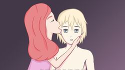 2boys ashley_(earn_your_freedom) blonde_hair blue_eyes cum_licking cum_on_face earn_your_freedom earnyourfreedom femboy licking male male/male male_only red_hair sissy trap yaoi