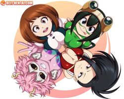 4:3 4girls big_breasts black_eyes black_hair black_sclera breast_press brown_eyes brown_hair busty cleavage clothed clothed_female female female_only green_hair group hero_outfit_(mha) horns looking_at_viewer looking_up mina_ashido momo_yaoyorozu multiple_girls my_hero_academia ochako_uraraka pink_hair pink_skin reit short_hair shounen_jump teenager tight_clothing tsuyu_asui watermark white_background yellow_eyes