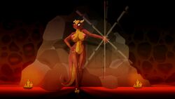 16:9 anthro belly big_breasts breasts candle cave claws dododragon56 female fire hi_res horn humanoid kobold looking_up motion_lines navel nipples nude reptile rock scalie smile solo spinning staff training weapon widescreen