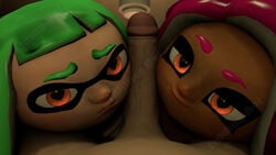 1boy 2girls 3d agent_3_(splatoon) agent_8_(splatoon) female green_hair heart-shaped_pupils human human_on_humanoid humanoid inkling inkling_boi_(artist) inkling_girl male nintendo octoling octoling_girl orange_eyes penis pink_hair smile splatoon splatoon_2