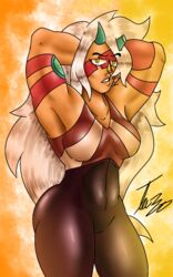 1girls abs armpits ass big_breasts blonde_hair breasts female flexing gem_(species) horns huge_ass huge_breasts jasper_(steven_universe) leggings long_hair looking_at_viewer muscular muscular_female orange_background orange_skin pose reflection solo spanked steven_universe steven_universe_future stretching stripes thick_thighs thin_waist tight_clothing white_background white_hair wide_hips yellow_background yellow_eyes